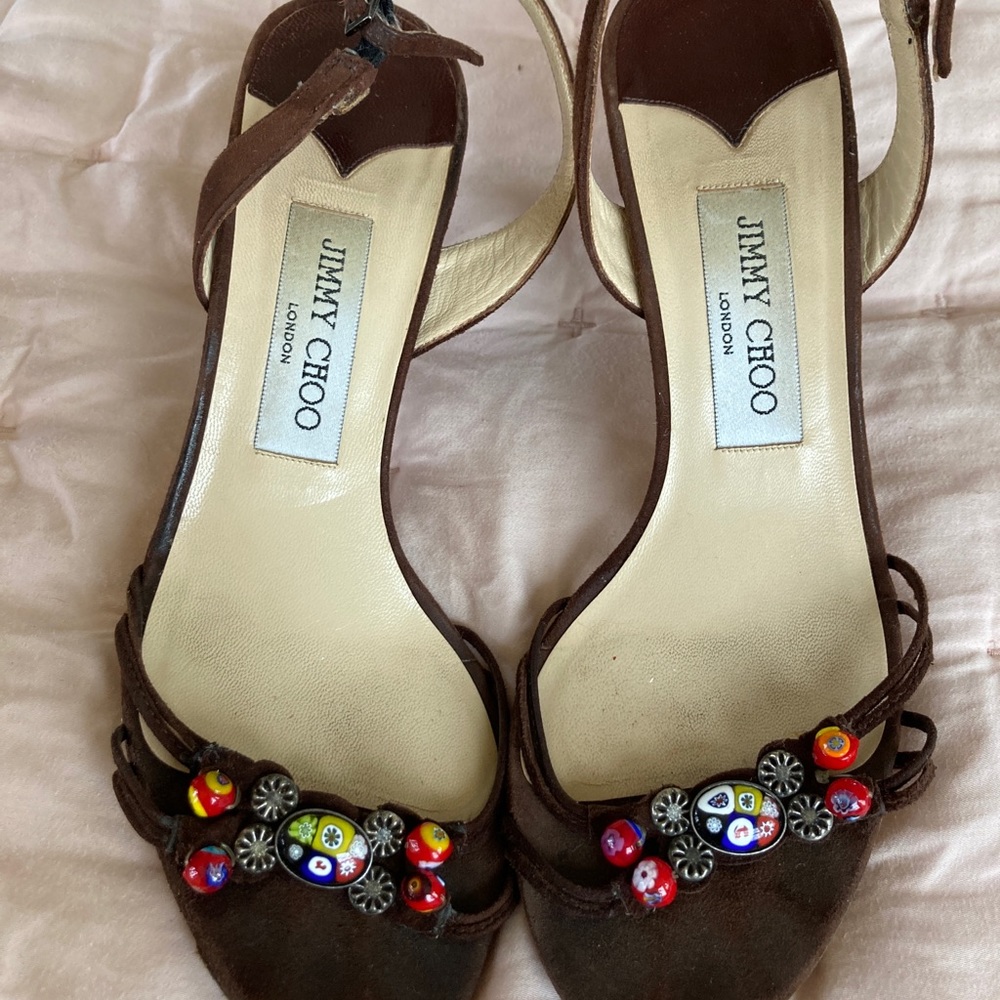 Jimmy Choo brown suede heels w beads